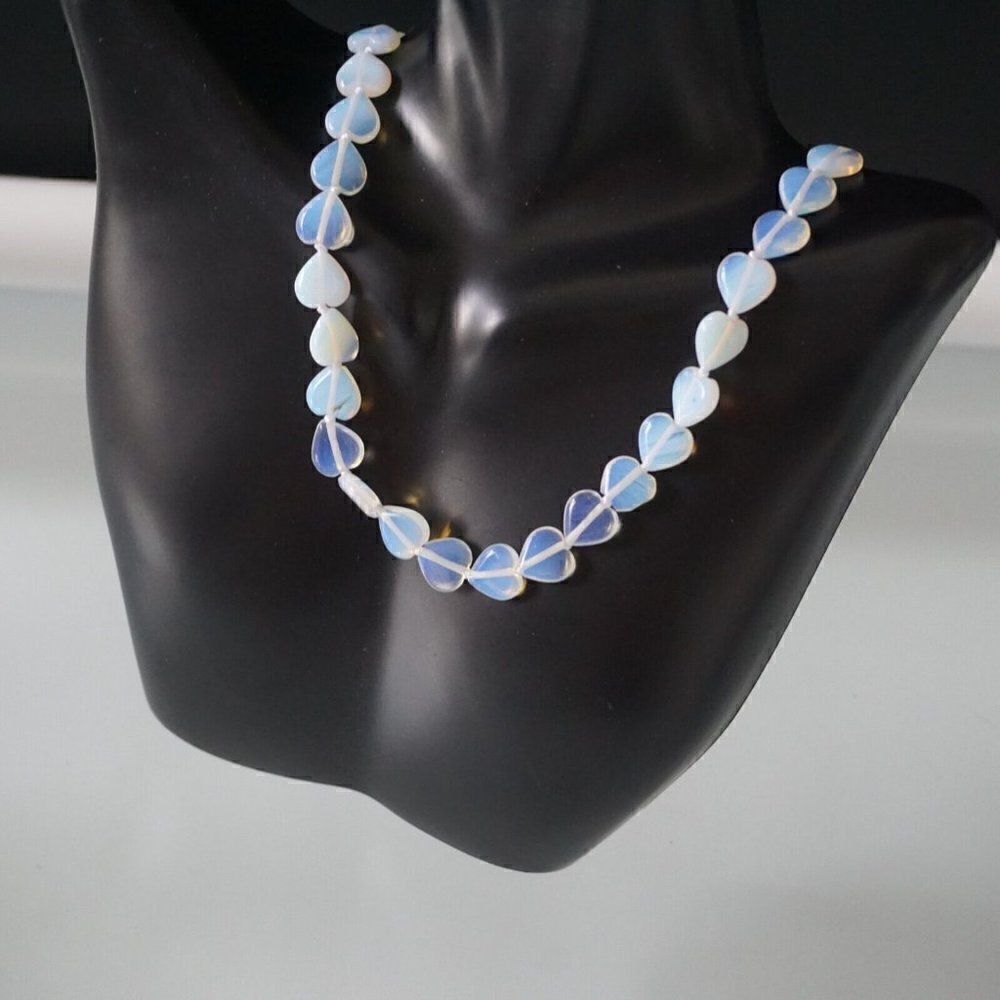 Iridescent Faux Moonstone Heart Bead Necklace Blueish White
